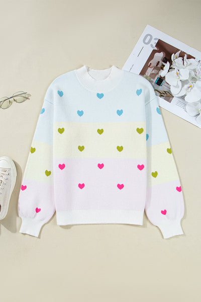 Cozy Women's Multicolor Heart Pattern Colorblock Knit Sweater - Chic High Neck Pullover for Casual Comfort