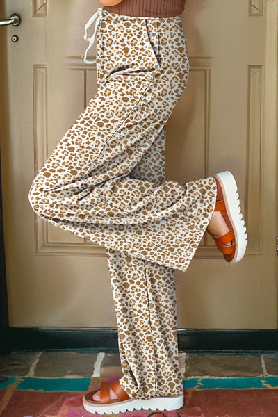 women's khaki leopard wide-leg drawstring pants made for easy styling and wardrobe coordination, with premium-like structure and finish. with