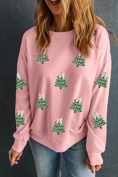Women's Pink Sequin Christmas Tree Graphic Sweatshirt