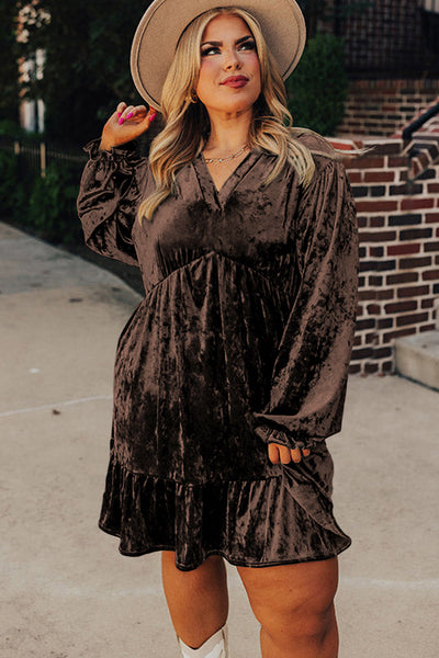 Chic Plus Size Women's Coffee Velvet Babydoll Mini Dress with Puff Sleeves - Stylish & Comfortable Evening Outfit