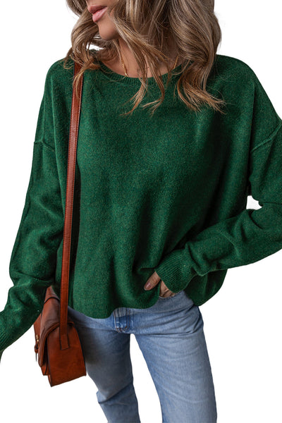Women's Cozy Blackish Green Loose-Fit Crew Neck Sweater with Drop Sleeves - Stylish Knitwear for Casual Wear