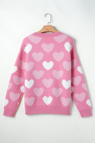 Cozy Women's Pink Heart Print Sweater with Pearl Accents - Stylish Valentine's Day Crew Neck for Effortless Charm