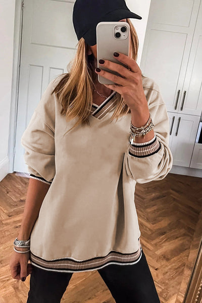 Women's Stylish Parchment Varsity V-Neck Sweatshirt with Contrast Striped Trim - Comfortable Casual Wear Top