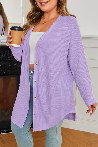 Plus Size Women's Cozy Orchid Petal Waffle Knit Cardigan - Stylish Button Front Layer for Effortless Comfort