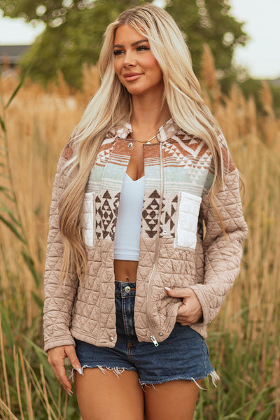 women's stylish women's earth tone aztec quilted jacket - cozy layer for fall and winter casual outings with practical styling and dependable