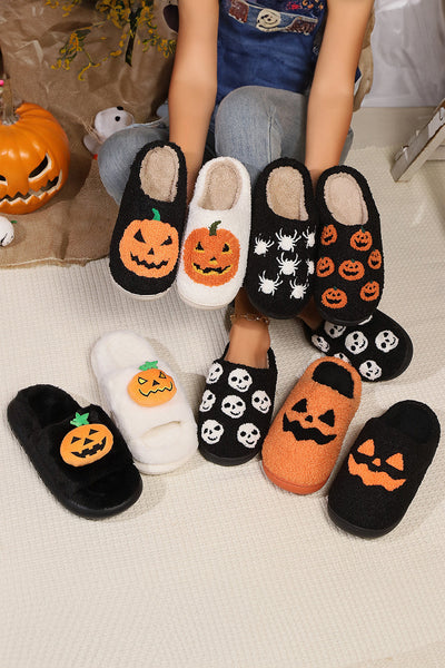 Women‚Äôs Cozy Black Pumpkin Print Plush Slippers Ideal for Halloween & Fall Comfort at Home