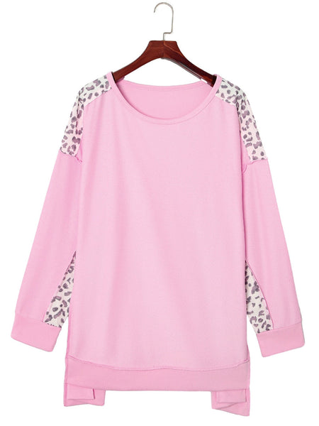 Pink Leopard Patchwork Plus Size Sweatshirt with Exposed Seams