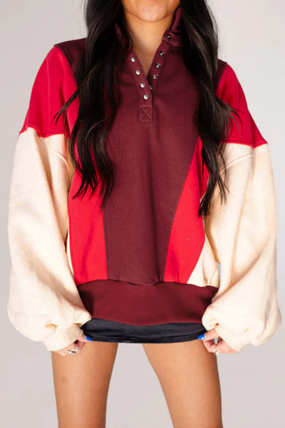 Women's Oversized Color Block Henley Sweatshirt in Crimson