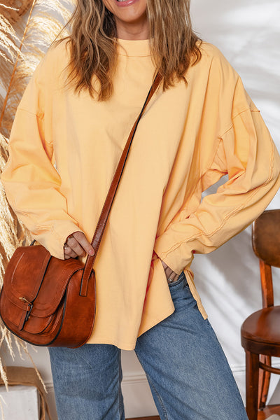 Women's Yellow Cream Drop Shoulder Tunic Top with Exposed Seams and Slits - Trendy Patchwork Style for Casual Wear