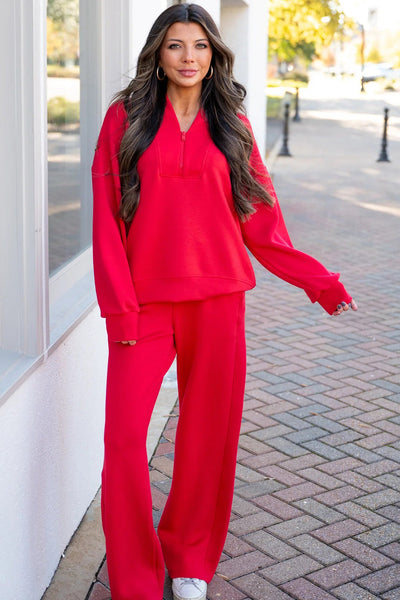 women's fiery red athleisure set - stylish quarter-zip pullover and drawstring sweatpants for ultimate comfort made for easy styling and wardrobe with