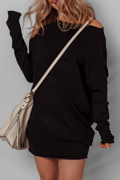 Trendy Women's Black Asymmetric Batwing Sleeve Mini Sweater Dress Effortless Chic Style for Any Occasion