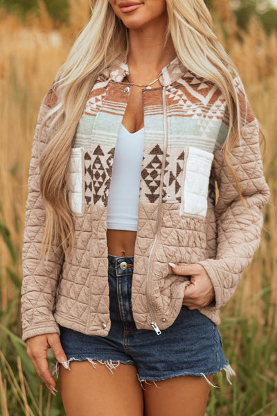 women's stylish women's earth tone aztec quilted jacket - cozy layer for fall and winter casual outings with practical styling and dependable
