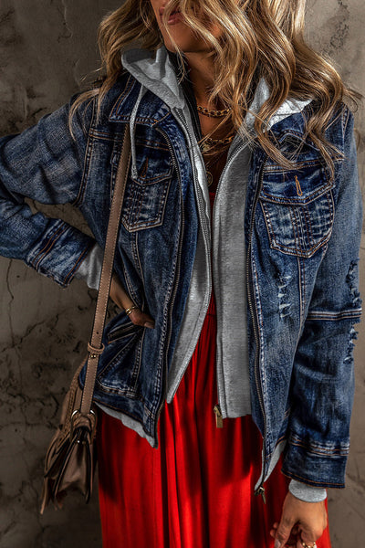 Stylish Women's Dark Blue Hooded Denim Jacket - Zip-Up Casual Layer for Everyday Outfits and Chic Outings