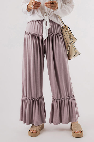 Women's Mauve Tiered Frill Wide-Leg Pants with Drawstring