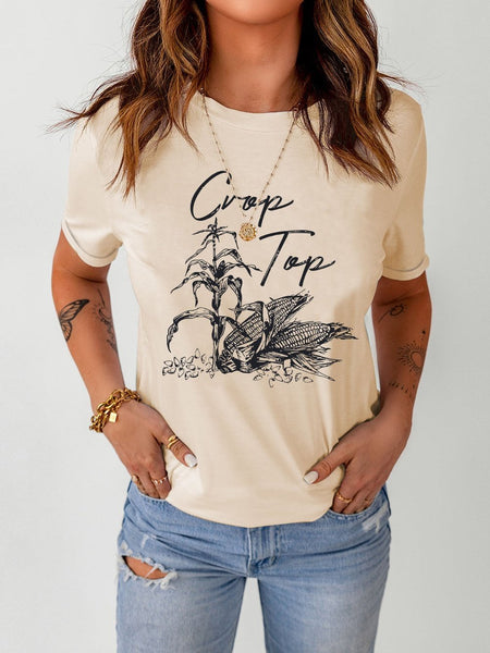 Corn Plant Graphic Khaki Crop Top Tee