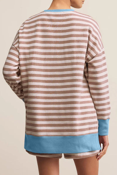 Plus Size Women's Khaki Stripe Contrast Edge Lounge Set with Drop Shoulder Pullover and Shorts for Comfort and Style