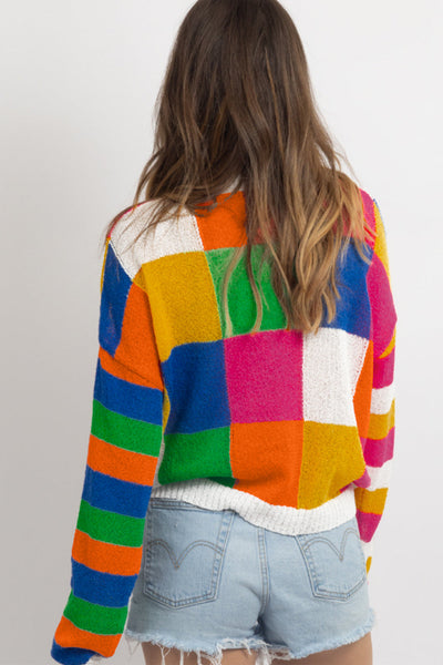 Cozy Women's Orange Checkered Color Block Sweater - Loose Fit Round Neck Knit Top for Effortless Casual Chic