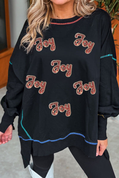 Women's Black Sequin Joy Graphic Sweatshirt with Contrast Seaming