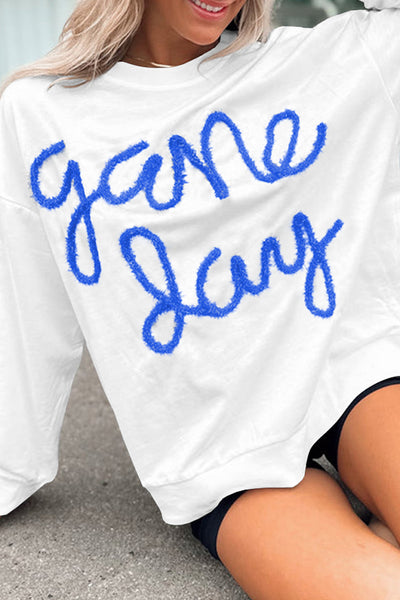 Women's White Graphic Sweatshirt with Drop Shoulders for Stylish Game Day Comfort and Effortless Casual Wear