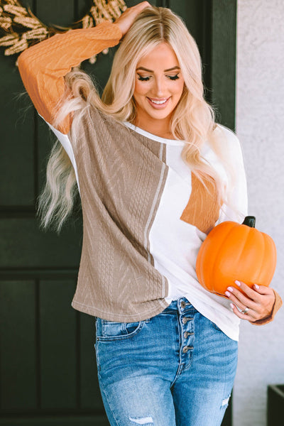Women's Casual Orange Colorblock Knit Top with Long Sleeves and Chest Pocket - Trendy Textured Design for Everyday Style