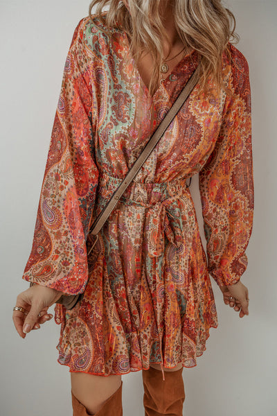 Women's Orange Boho Paisley Print Mini Dress with Long Sleeves, Pleated Design, and Belted Waist for Effortless Style