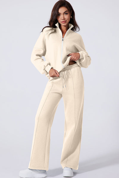Beige Women's Activewear Set: Stylish Drop Shoulder Zip-Up Jacket & Drawstring Pants for Comfort and Performance