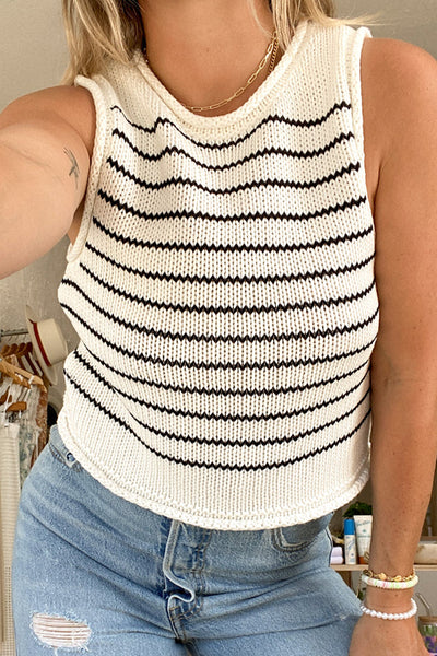 Striped Black Knit Sleeveless Crew Neck Vest