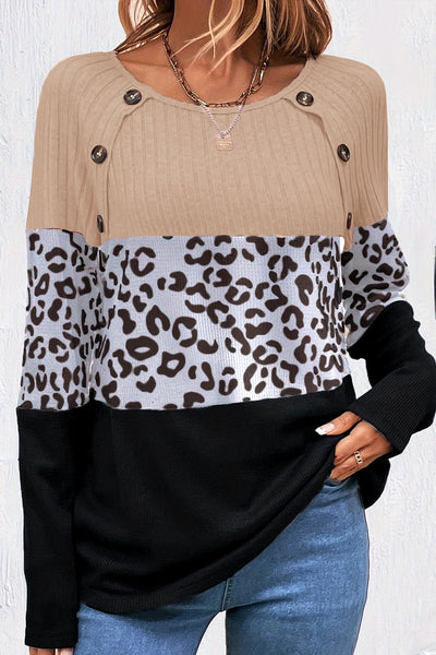 Stylish Women's Black Cheetah Print Button-Up T-Shirt with Textured Patchwork - Casual Fit Round Neck Top