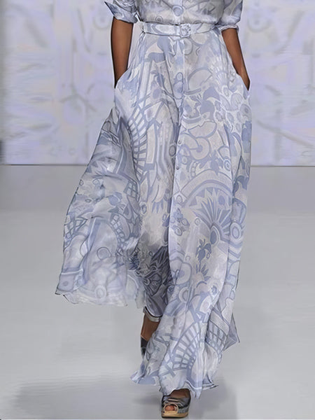 Women's Tropical Leaf Print Two-Piece Crop Top and Wide-Leg Pant Set