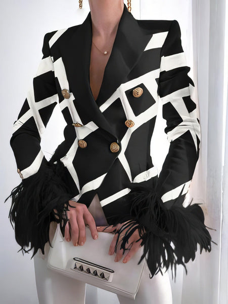 Women's Double-Breasted Feather Cuff Blazer in Winter White