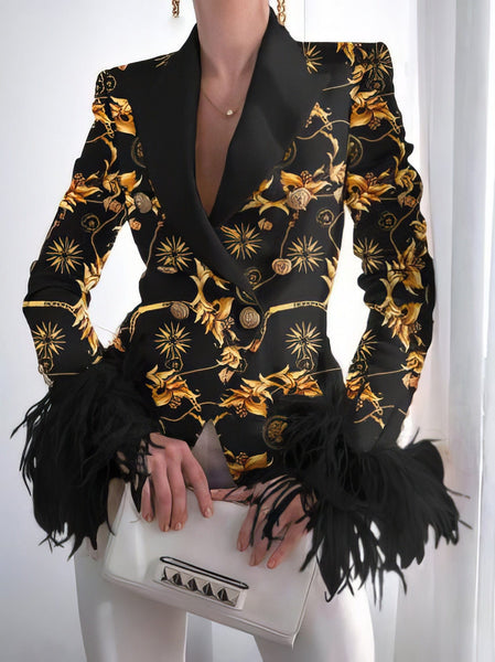 Women's Double-Breasted Feather Cuff Blazer in Winter White