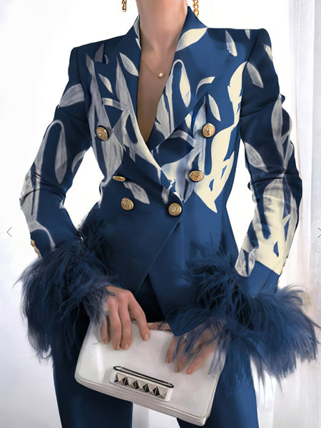 Women's Double-Breasted Feather Cuff Blazer in Winter White
