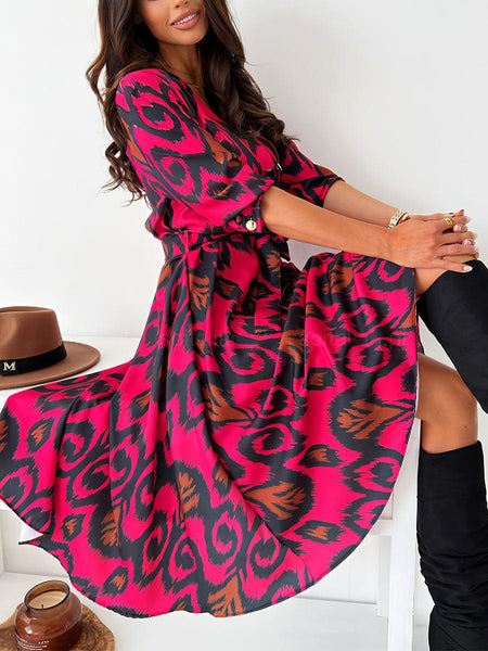 Women's Fashion Print V Neck Long Sleeve Midi Dress