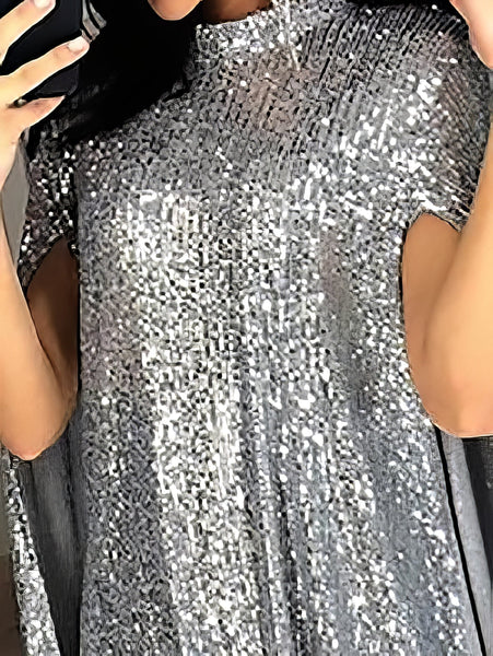 Women's Fashionable Sequin Embellished Party Dress with Elegant Stand-up Collar