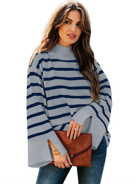 Fashionable Turtleneck Sweater With Bell Sleeves And Striped Cuffs