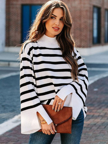Fashionable Turtleneck Sweater With Bell Sleeves And Striped Cuffs