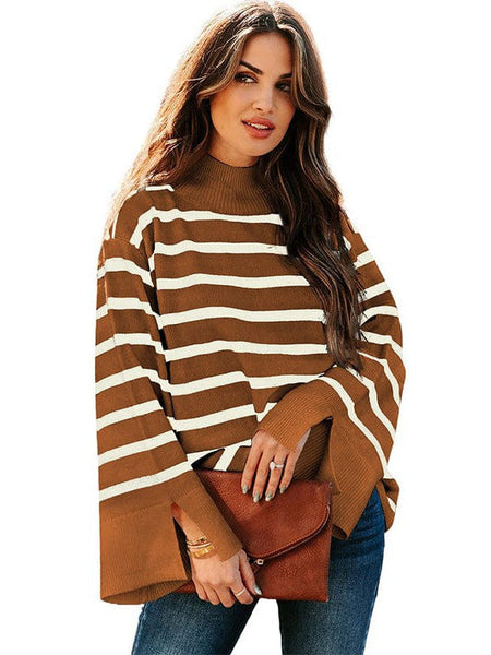 Fashionable Turtleneck Sweater With Bell Sleeves And Striped Cuffs