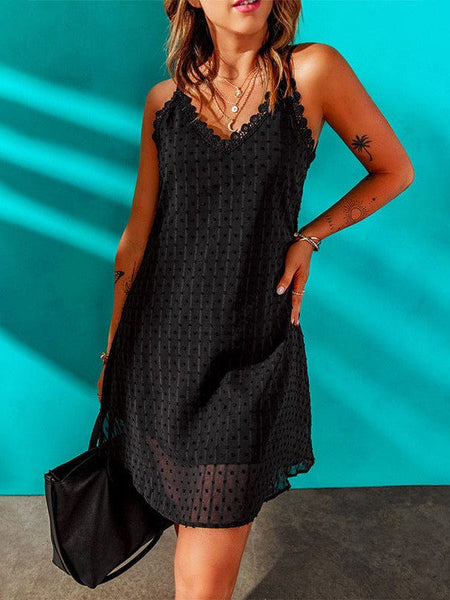 Fashionable V-Neck Sling Dress With Flocked Polka Dot Lace Skirt