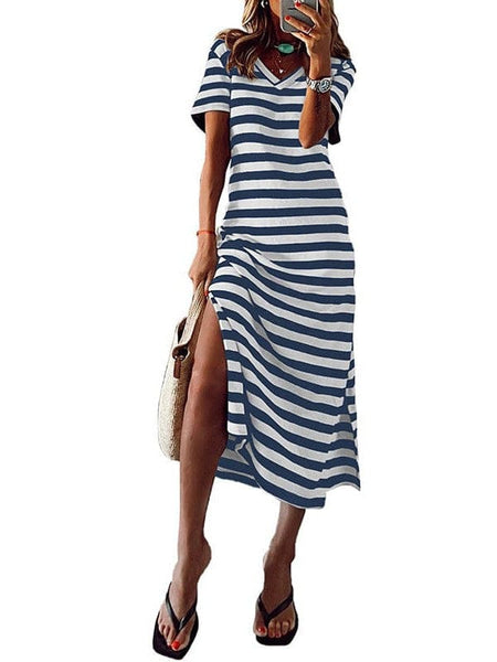 Fashionable V-Neck Striped Short Sleeve Dress with Side Slit