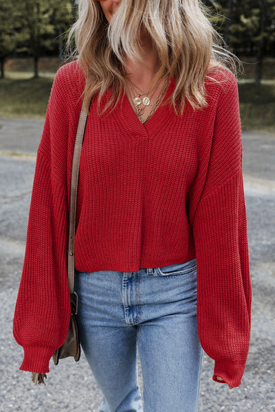 Stylish Red V-Neck Sweater for Women - Cozy Everyday Wear and Perfect for Seasonal Layering