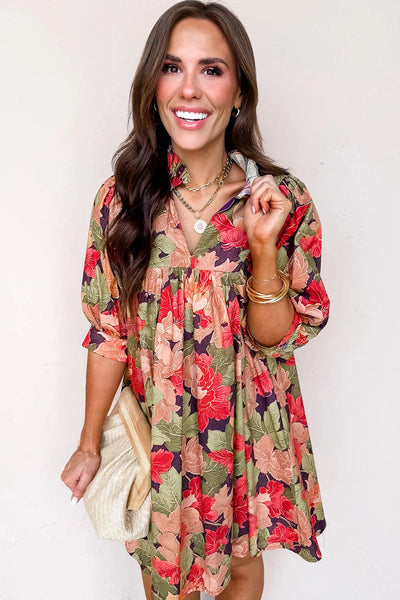 Women's Ruffled V-Neck Floral Babydoll Dress in Sage and Terracotta