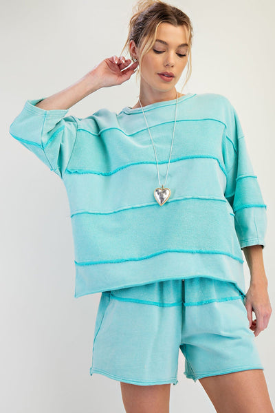 Mint Green Women's 3/4 Sleeve T-Shirt with Lace-Up Shorts Set - Trendy Summer Casual Outfit for Effortless Style