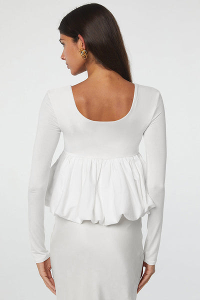 Stylish Women's White U-Neck Long Sleeve Top with Bubble Hem - Versatile for Casual and Dressy Occasions