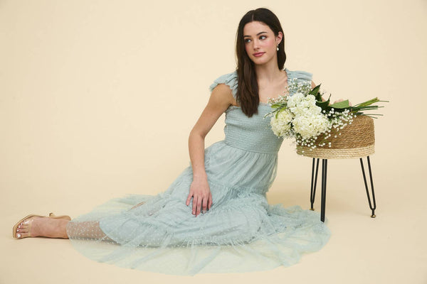 Polka Dot Chiffon Tiered Dress | Sage