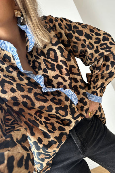Women's Leopard Print Ruffle Blouse with Striped Contrast