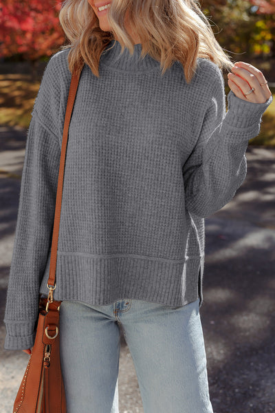 Women's Medium Grey Waffle Knit High Neck Sweater with Drop Shoulder