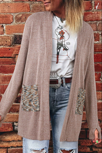 Women's Stylish Dark Khaki Open Front Knit Duster Cardigan with Contrast Pockets - Comfortable and Versatile Outerwear