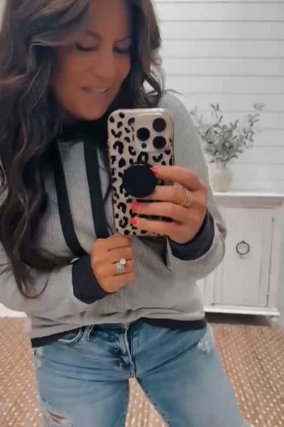 Women's Light Grey Ribbed Knit Hoodie with Contrast Trim and Tie Neck Cozy Casual Style for Everyday Wear
