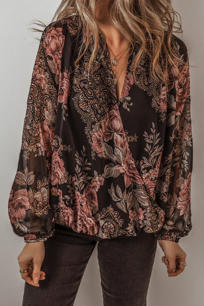Trendy Women's Black Floral Criss-Cross V-Neck Balloon Sleeve Blouse - Stylish Casual Top for Everyday Wear