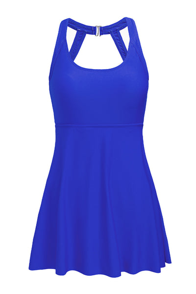 Blue Halterneck Skirted One Piece Swimsuit with Strappy Detail